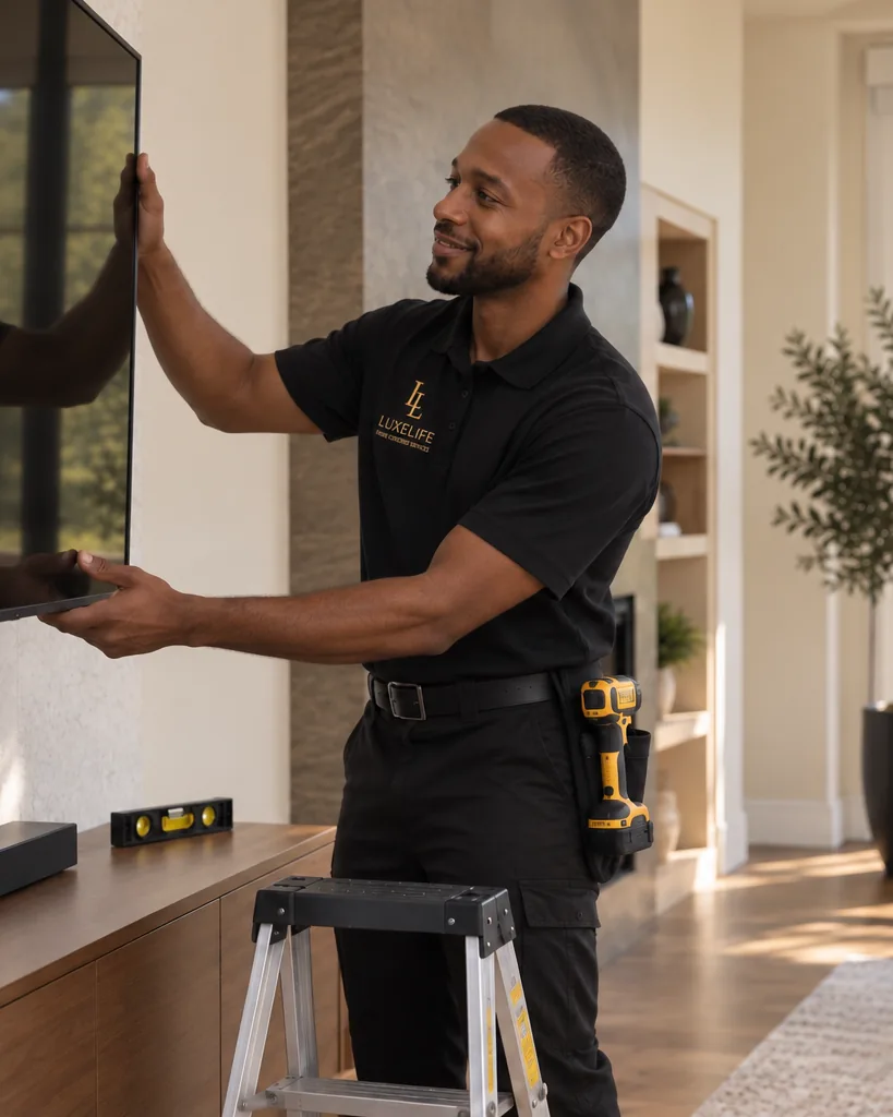 A LuxeLife technician mounting a television in a refined living room