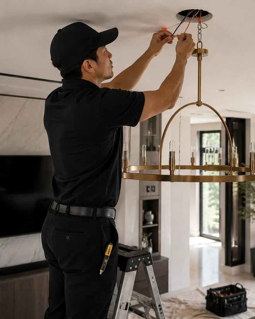 A LuxeLife technician installing a chandelier in a refined home