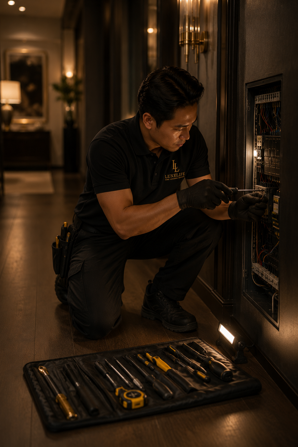 A LuxeLife technician at work in a refined home