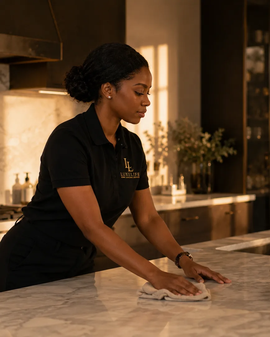 A LuxeLife Estate Manager polishing a marble counter in an elegant kitchen