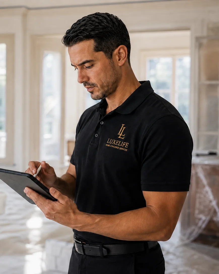 A LuxeLife Vendor Liaison reviewing a renovation project on-site