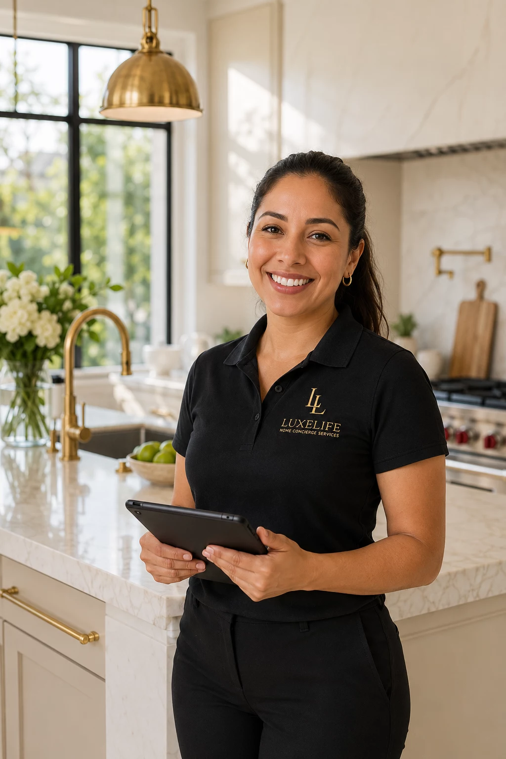 A LuxeLife team member with a tablet in a bright kitchen