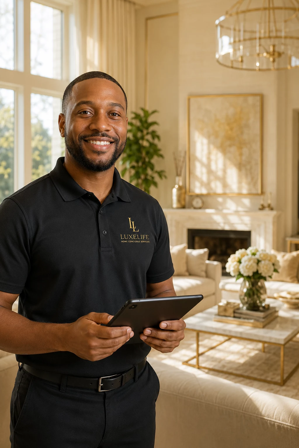 A LuxeLife specialist holding the Home Wellness Check tablet