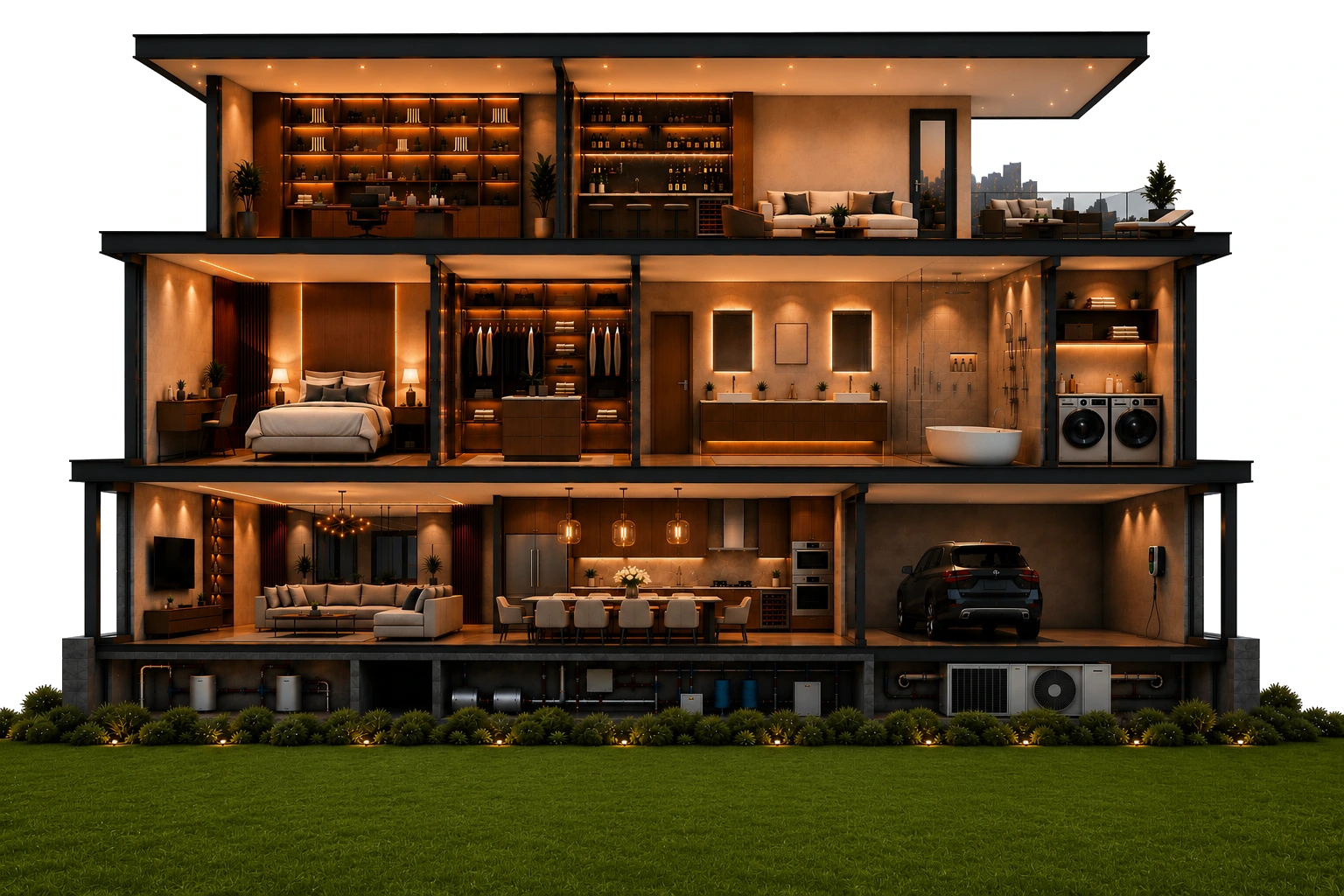 The luxury residence interior cross-section, fully revealed on white